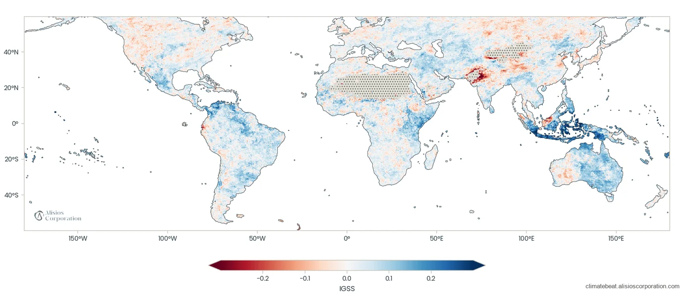Example: where the seasonal rainfall forecast adds information (blue) and where it does not (red), as ignorance skill score against climatology. The map changes with the start month and lead time; all of them are on the verification page of <a href="https://climatebeat.alisioscorporation.com" target="_blank" rel="noopener">Sibila® ClimateBeat</a>.