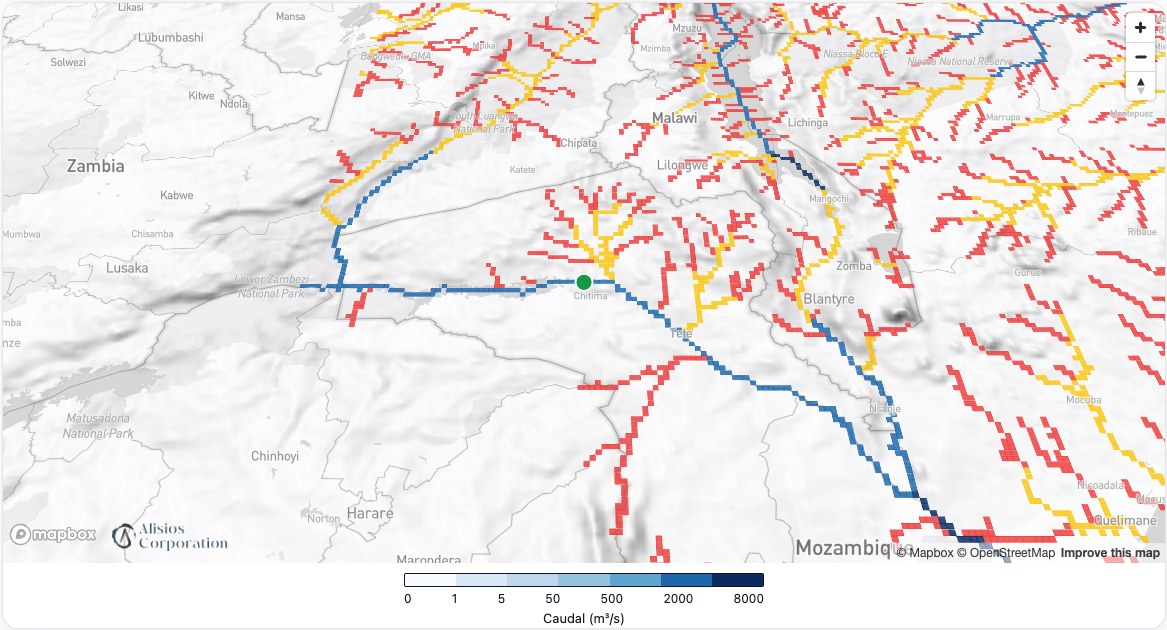 Sibila Room™ Cahora Bassa: forecast river flow across the basin and the reservoir-inflow outlook for the next four months (room in Portuguese).